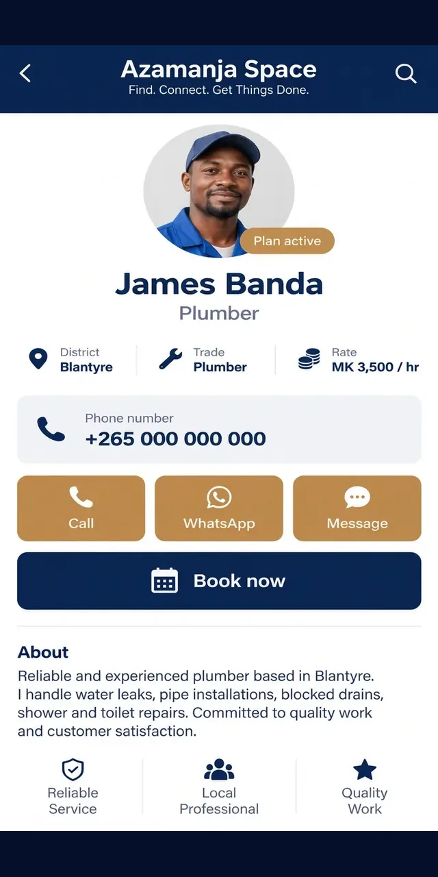 The same listing with a plan active, showing the real name, phone number and contact buttons