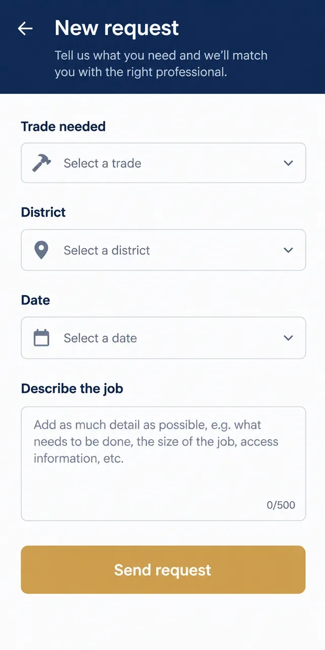 Booking request form asking for the trade, district, date and a description of the job